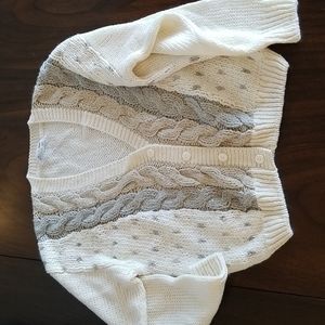 80s Hand Knit Braid Pattern Cardigan Cream Tan Grey L Vintage